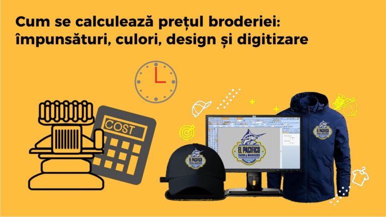 Cum se calculează prețul broderiei împunsături, culori, design si digitizare