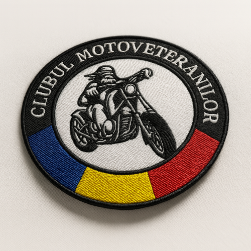 emblema brodata pentru clubul motoveteranilor din Romania realizata de EmblemeBroderie.ro