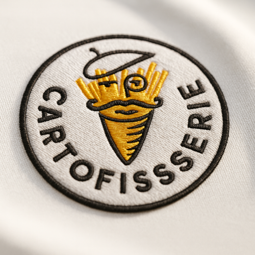 emblema brodata pentru fast food ul Cartofisserie Romania realizata de EmblemeBroderie.ro